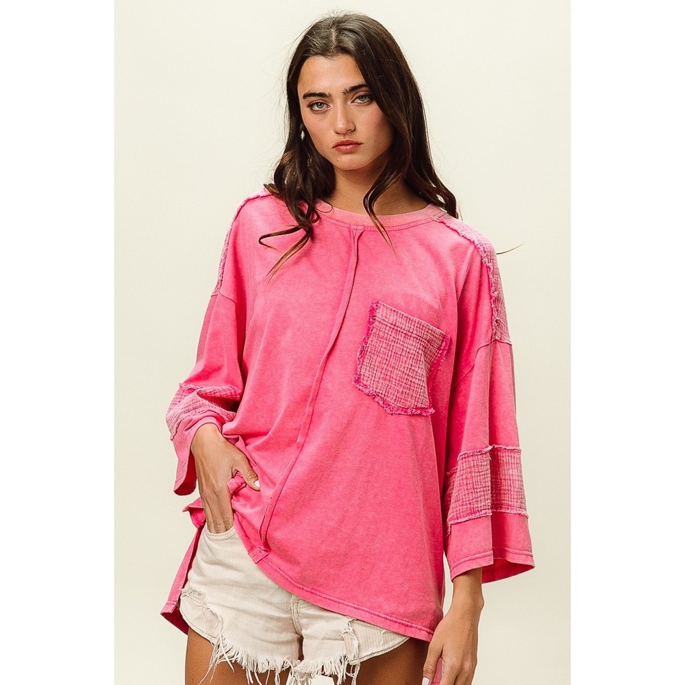 BiBi High-Low Washed T-Shirt - Fuchsia - Large